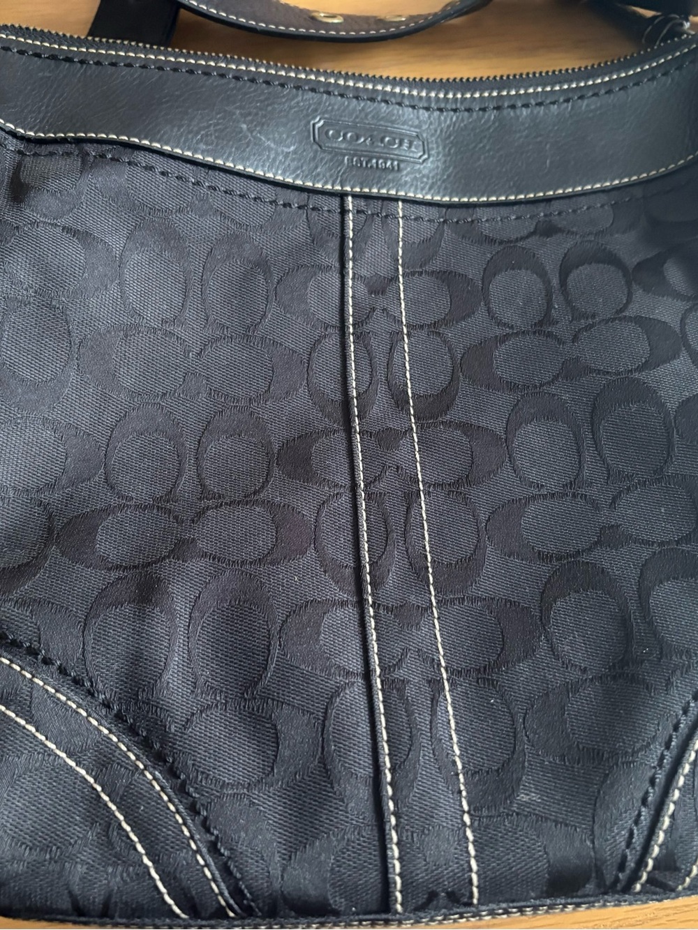 Coach Black Signature Jacquard Leather Trim Shoulder Bag